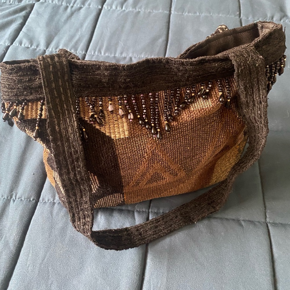 Vintage Multi Texture Brown Shoulder Bag With Crystal Dangle Pieces